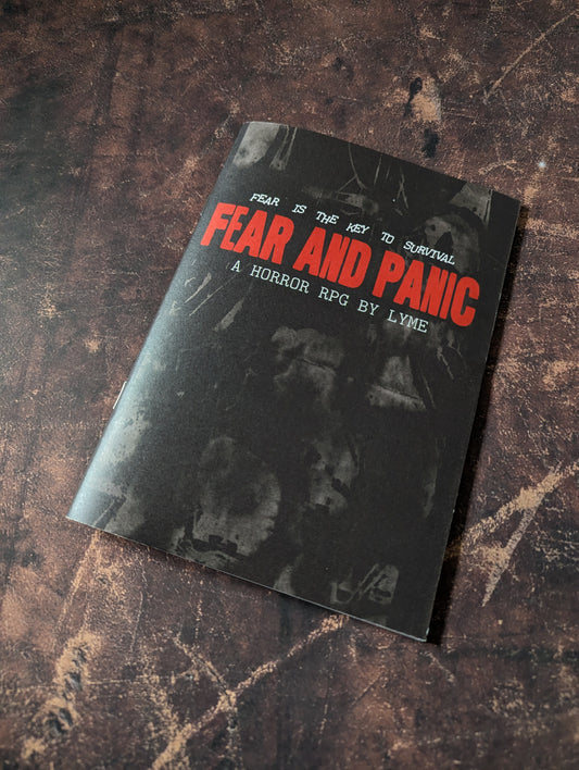 Cover of 'Fear and Panic' horror RPG by Lyme with text and dark imagery.