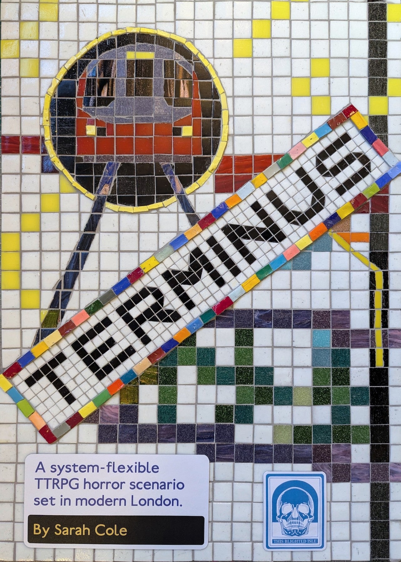 Mosaic cover of a book titled 'Terminus' by Sarah Cole, featuring a stylized cityscape and text.